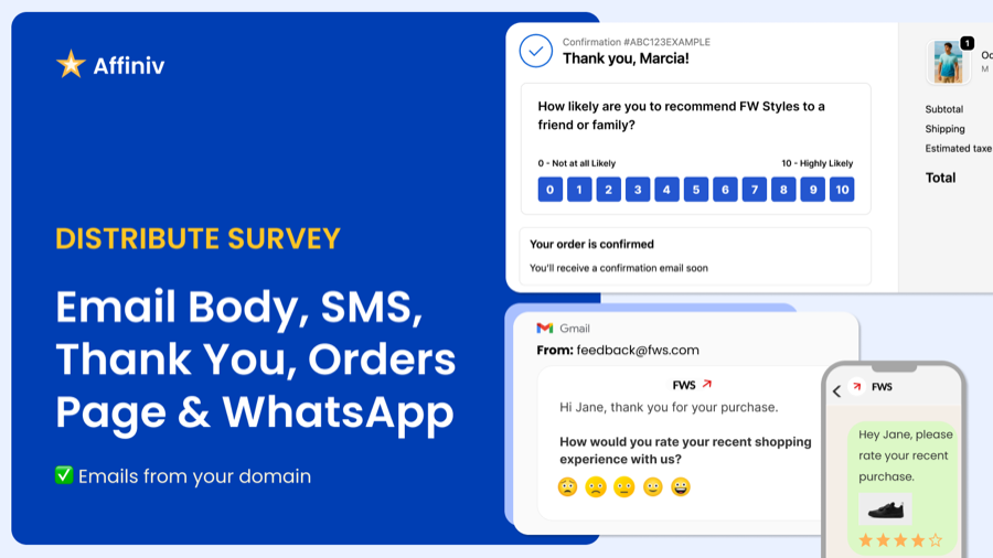 Affiniv Shopify app — distribute survey via email, SMS, WhatsApp, and thank you page