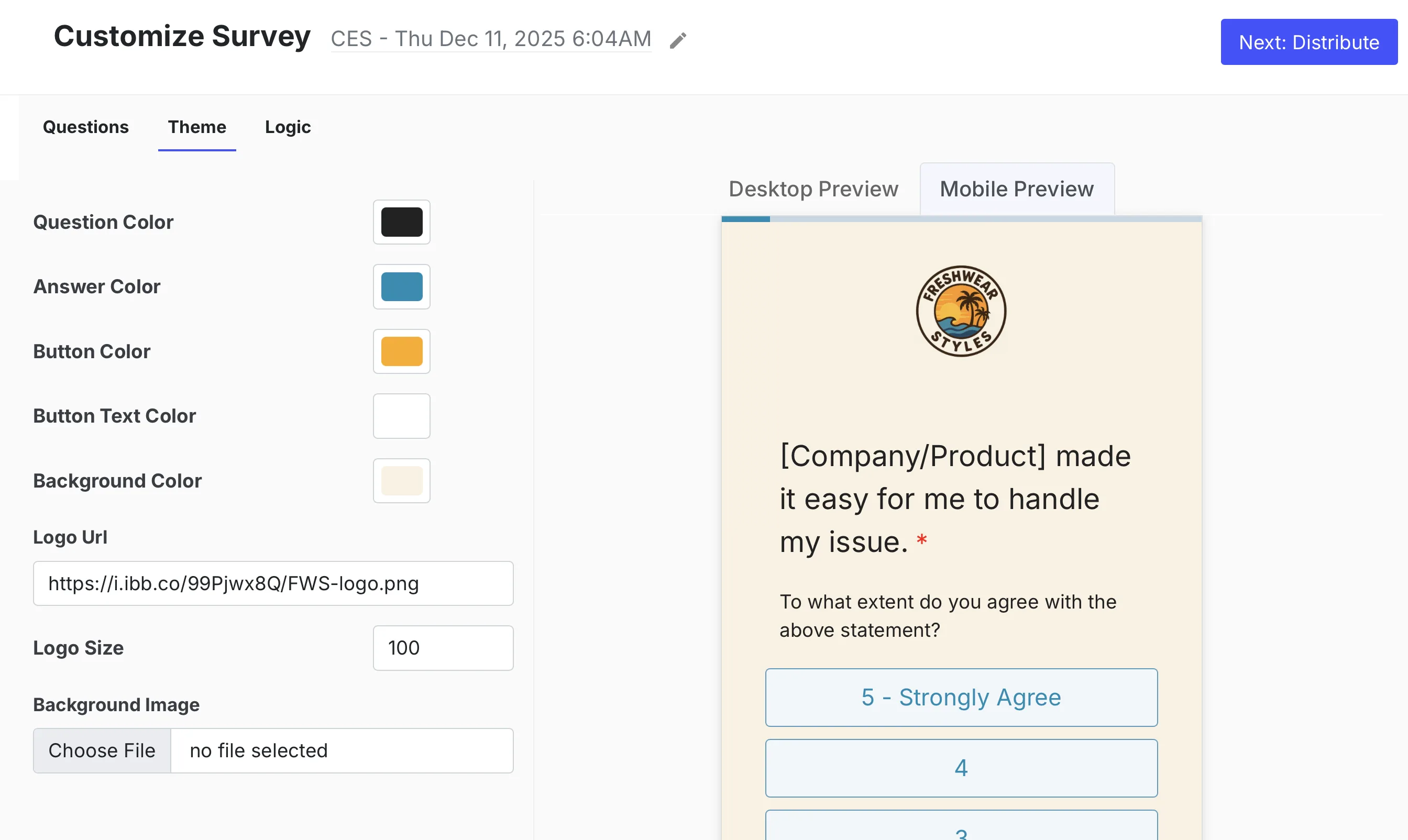 Customize CES surveys to match your brand theme on Affiniv