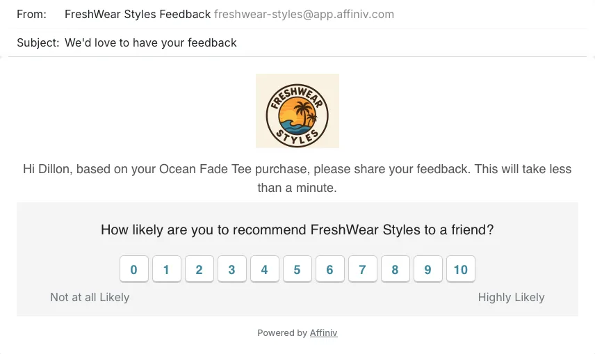 Embed post-purchase survey like NPS in email body with Affiniv