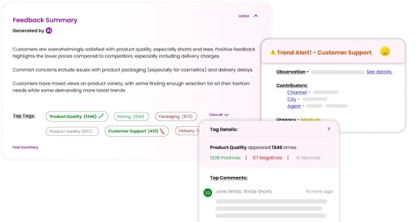 AI summary, Sentiment Analysis, and Trend alerts for customer feedback.